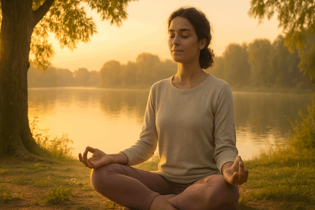 Woman meditating by a lake at sunrise, surrounded by nature, illustrating how to feel full without eating through mindfulness.