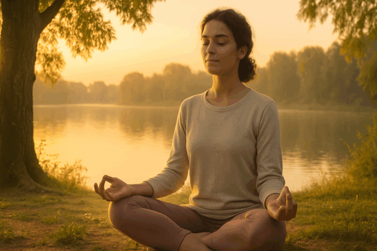 Woman meditating by a lake at sunrise, surrounded by nature, illustrating how to feel full without eating through mindfulness.