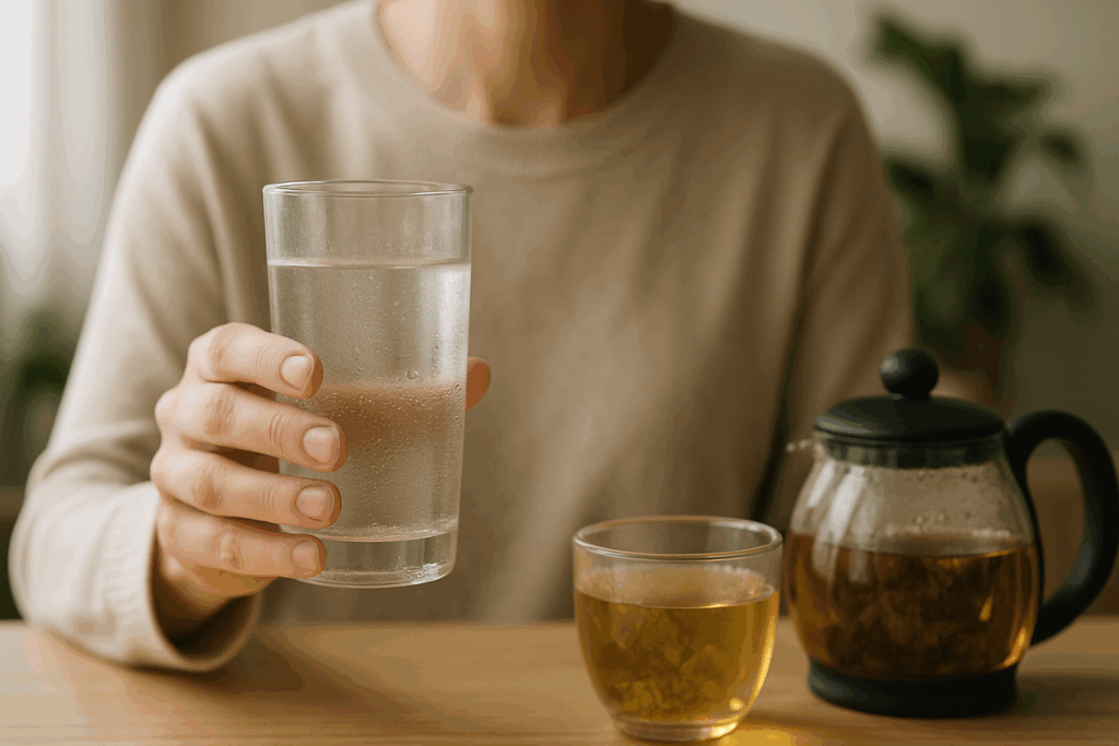 How to Feel Full Without Eating: Expert-Backed Strategies to Support Mindful Nutrition and a Healthier Lifestyle 1 Close-up of a person holding a glass of water beside a cup of herbal tea, illustrating how to feel full without eating through hydration.