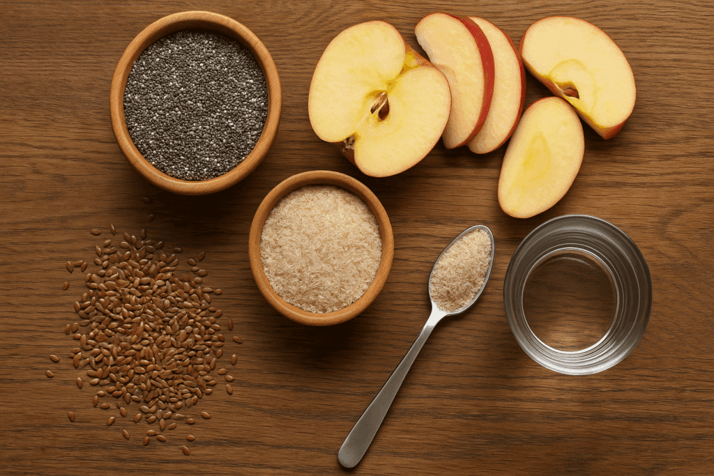 How to Feel Full Without Eating: Expert-Backed Strategies to Support Mindful Nutrition and a Healthier Lifestyle 2 Chia seeds, psyllium husk, flaxseeds, and apple slices on wood with water and spoon, showing how to feel full without eating.