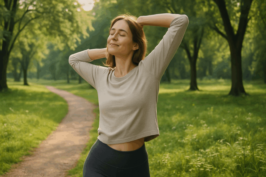 How to Feel Full Without Eating: Expert-Backed Strategies to Support Mindful Nutrition and a Healthier Lifestyle 4 Woman stretching in a sunny park after a walk, illustrating how to feel full without eating through gentle physical activity