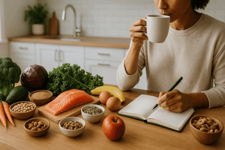 Woman journaling while drinking tea at a kitchen counter with fresh whole foods, symbolizing mindfulness and the best diet lifestyle.