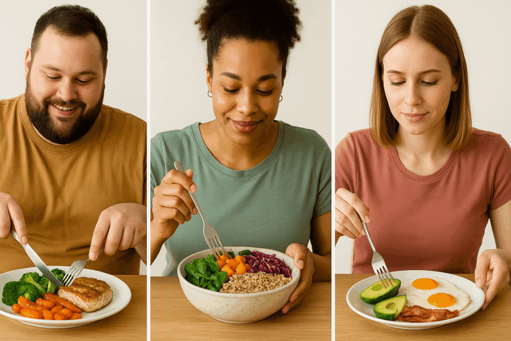 Three diverse individuals enjoying personalized meals—a meat-and-vegetable plate, a vegan grain bowl, and a keto dish—highlighting the best diet for different lifestyles