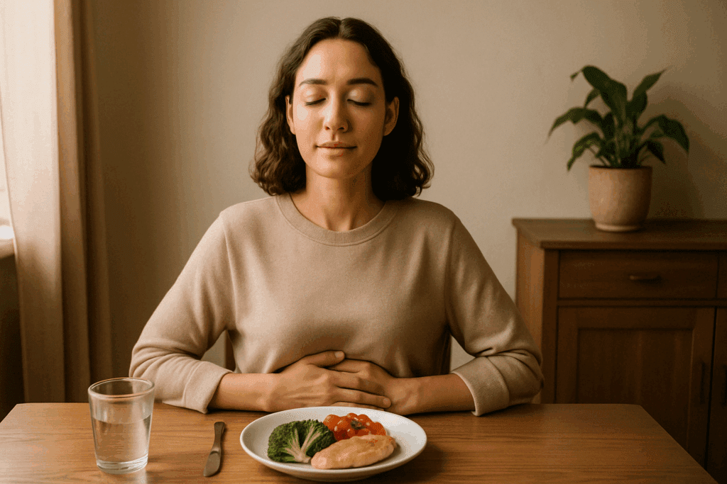 Person practicing mindful eating with a balanced meal, illustrating inner awareness as part of discovering the best diet.