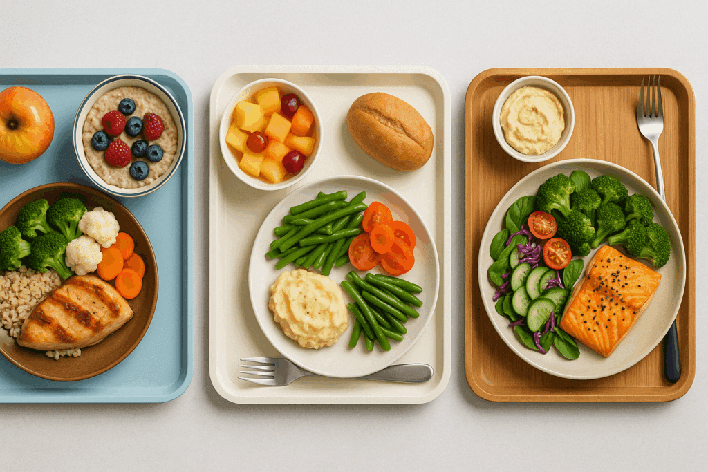 Top-down view of three nutritionally distinct meal trays for diabetes, kidney health, and inflammation, illustrating the best diet for specific medical needs.