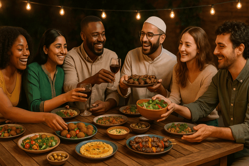 Multicultural friends sharing Mediterranean, Halal, vegetarian, and plant-based dishes at a communal dinner celebrating the best diet for diverse lifestyles