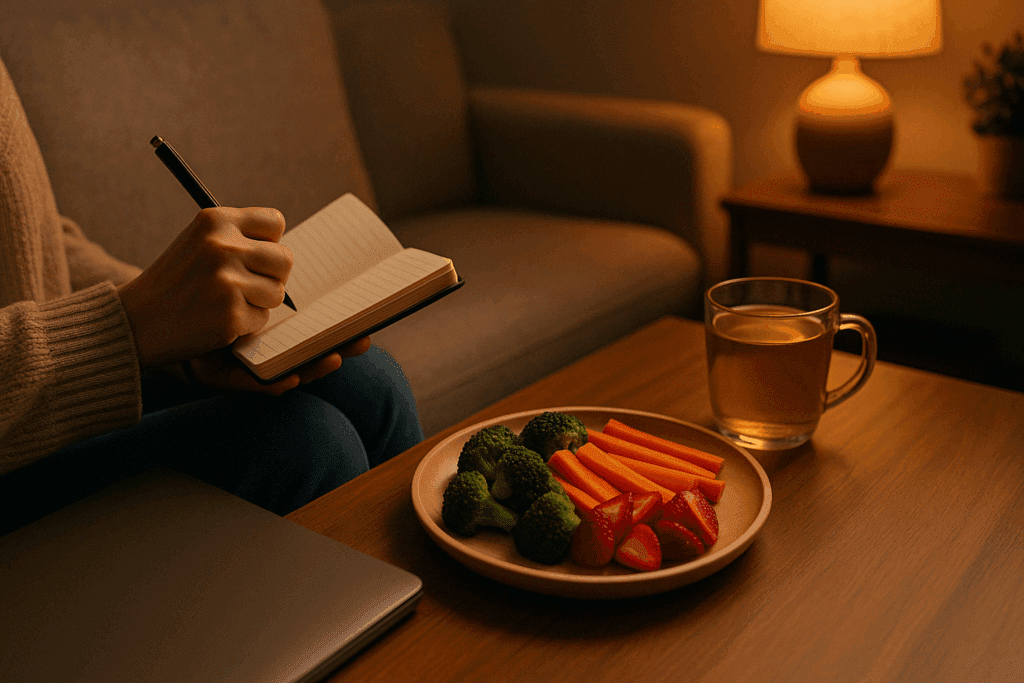 Person journaling in a cozy room next to herbal tea and a healthy snack plate, reflecting on habits for the best diet