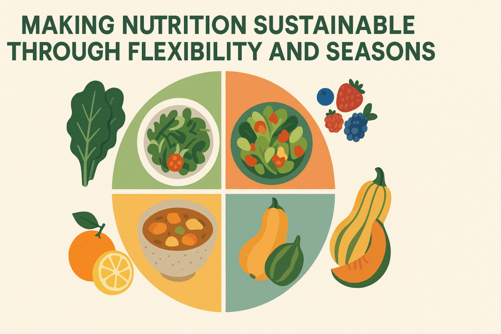 Seasonal wheel infographic showcasing the best diet for sustainable nutrition, with fresh produce and meals for spring, summer, fall, and winter, emphasizing seasonal eating flexibility.