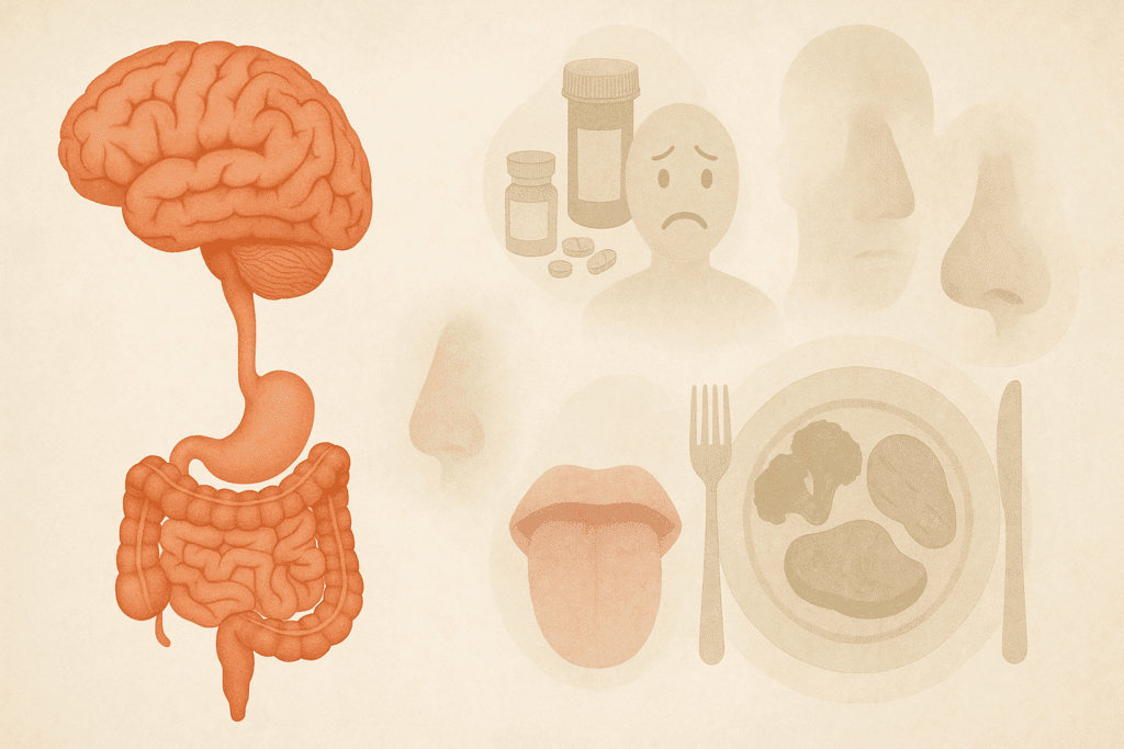Conceptual illustration showing the brain and digestive system interconnected with appetite-suppressing factors like medications, emotional distress, and sensory loss—visualizing causes of low appetite in older adults, supporting the topic How to Gain Appetite Fast and Naturally.
