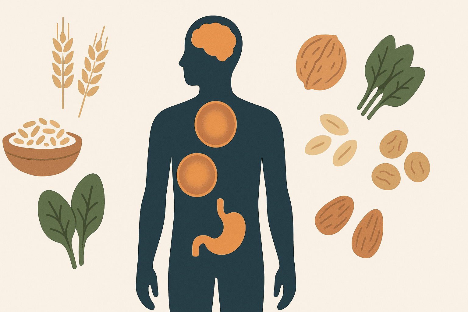 Human silhouette highlighting vitamin B1, zinc, and magnesium deficiencies with whole grains, leafy greens, nuts, and seeds surrounding the figure—illustrating How to Gain Appetite Fast and Naturally through nutrition.