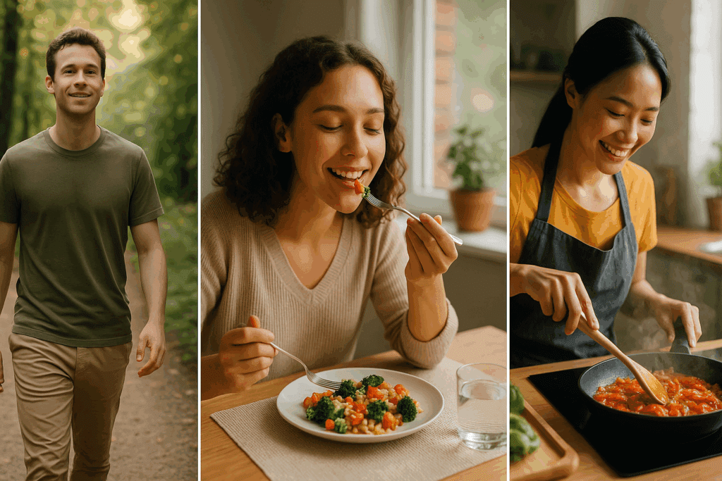 Person walking in nature, woman eating a colorful meal, and another cooking happily—visuals reflect how to gain appetite fast and naturally.