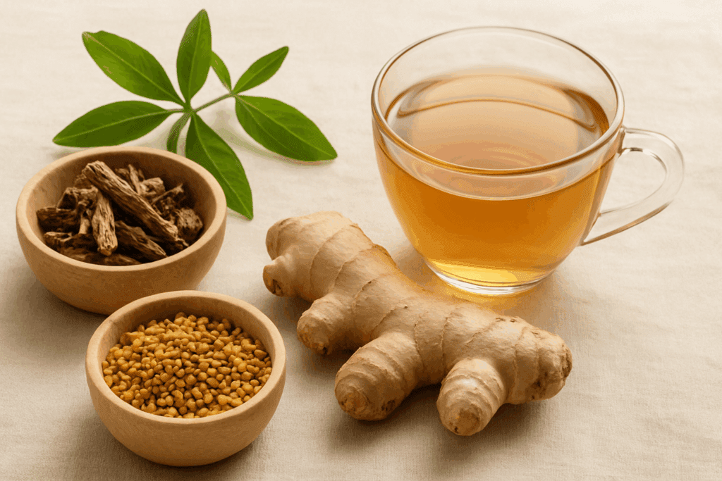 Gentian root, fenugreek seeds, ginger root, and herbal tea arranged in natural light to support how to gain appetite fast and naturally