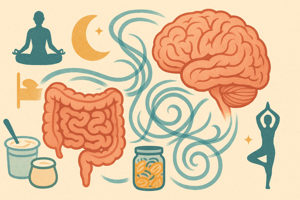 Illustration of the gut-brain axis with swirling connections, surrounded by icons of yoga, meditation, sleep, and fermented foods—symbolizing holistic strategies on how to gain appetite fast and naturally.