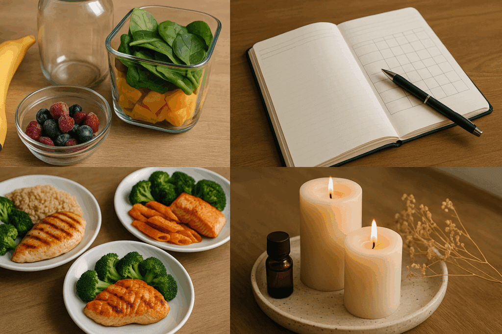 Mood board with smoothie ingredients, portioned meals, fitness journal, and aromatherapy candles showing personalized strategies for how to gain appetite fast and naturally.