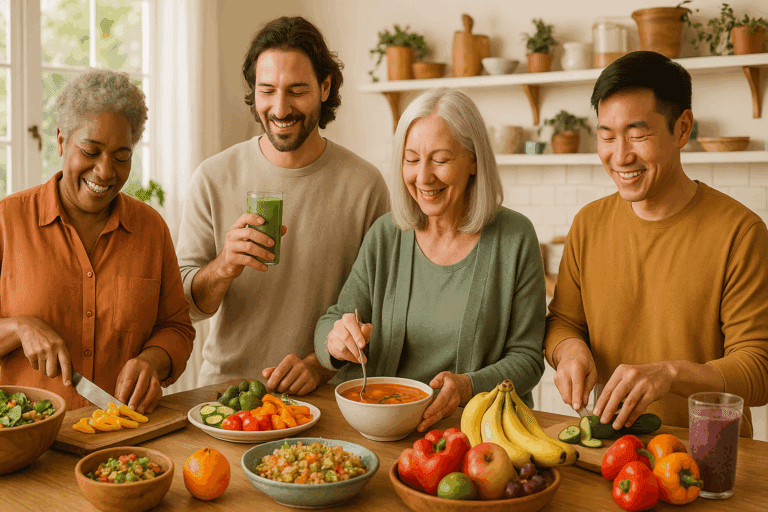 Diverse group of people smiling while preparing colorful fruits, vegetables, smoothies, and soup in a bright kitchen, promoting How to Gain Appetite Fast and Naturally through healthy, home-cooked meals.