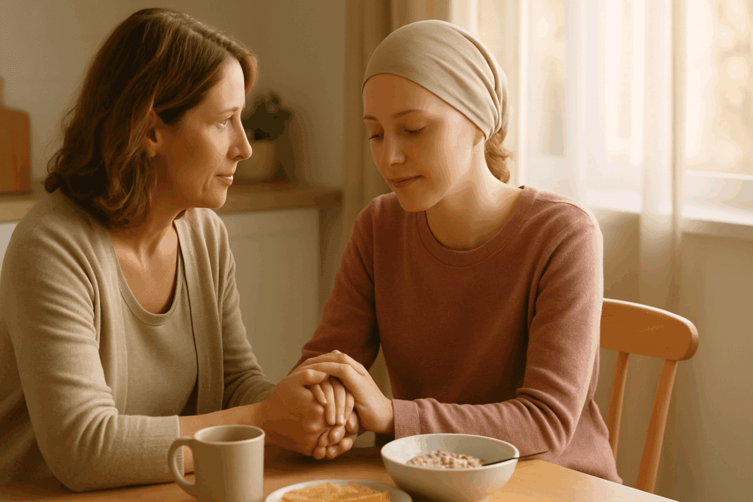 Supportive woman holding hands with a young woman in recovery at a kitchen table, showing care and trust—how to help someone with anorexia nervosa.