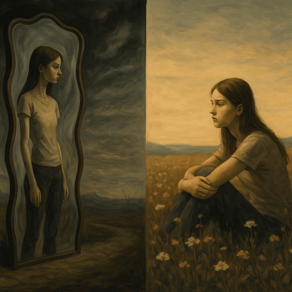 Young woman confronting distorted mirror and sitting alone in a wildflower field, symbolizing emotional struggle in How to Help Someone with Anorexia Nervosa