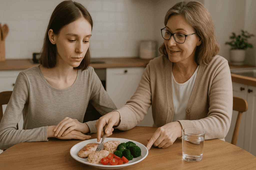 Dietitian guiding a young woman through a balanced meal in a calm kitchen setting, illustrating how to help someone with anorexia nervosa