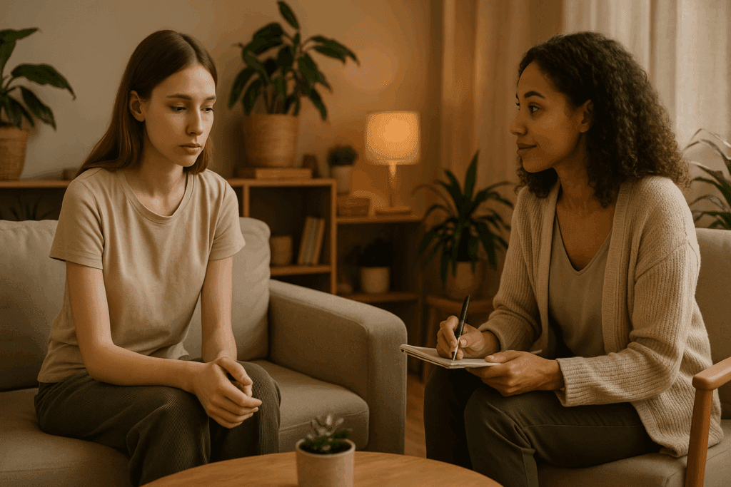 Therapist and young woman in a warm counseling room during a supportive session, illustrating how to help someone with anorexia nervosa.