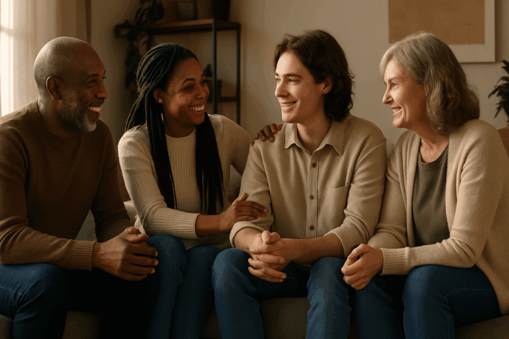 Support group of diverse adults encouraging a young man during a heartfelt talk in a cozy room, symbolizing how to help someone with anorexia nervosa