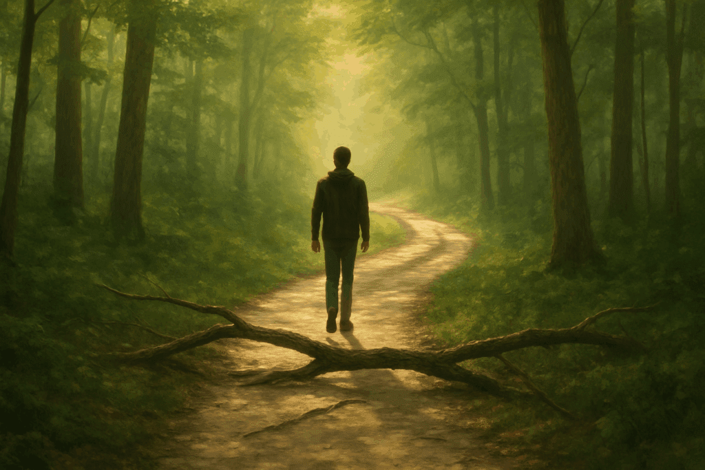 Person walking a winding forest path with fallen branches, symbolizing recovery challenges in How to Help Someone with Anorexia Nervosa