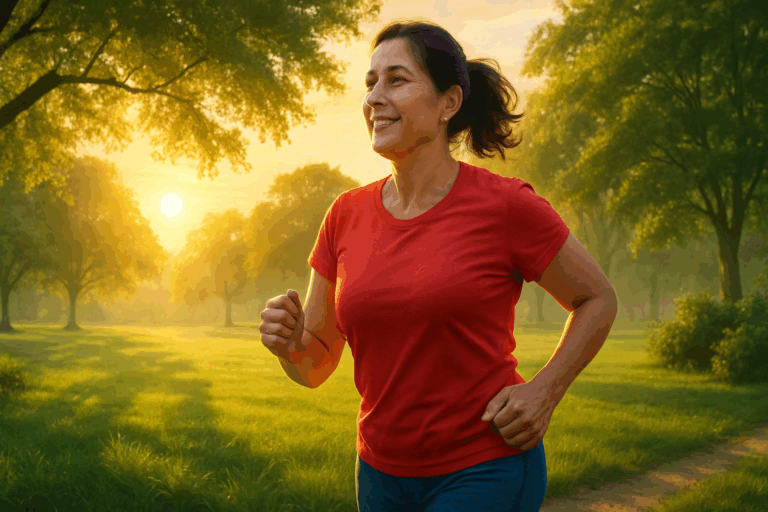 Middle-aged woman jogging through a green park at sunrise, promoting heart health and reducing coronary risk factors.