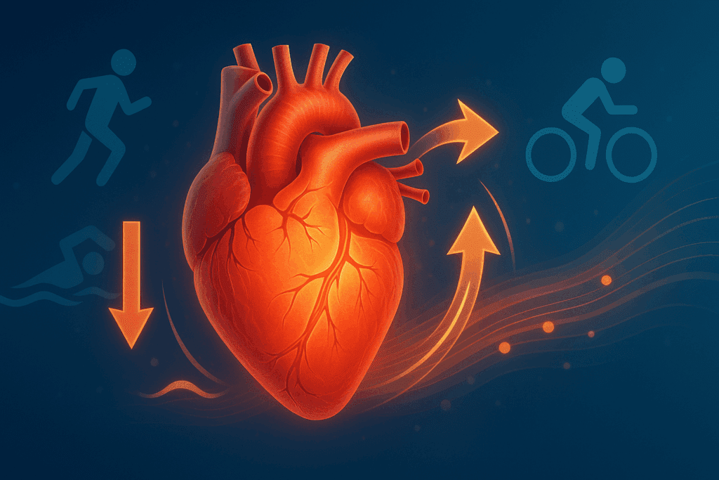 Illustration of a healthy heart in motion with symbols of jogging, swimming, and cycling, highlighting reduced coronary risk factors