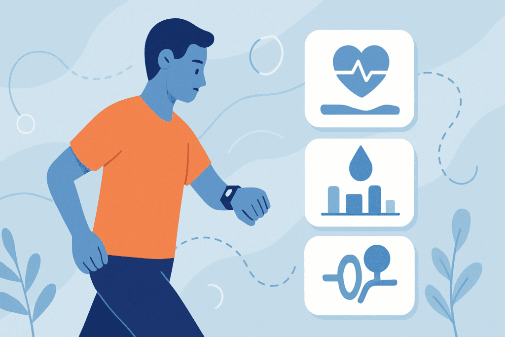 Active man checking smartwatch with digital dashboard showing heart rate, cholesterol, and blood pressure—key coronary risk factors.