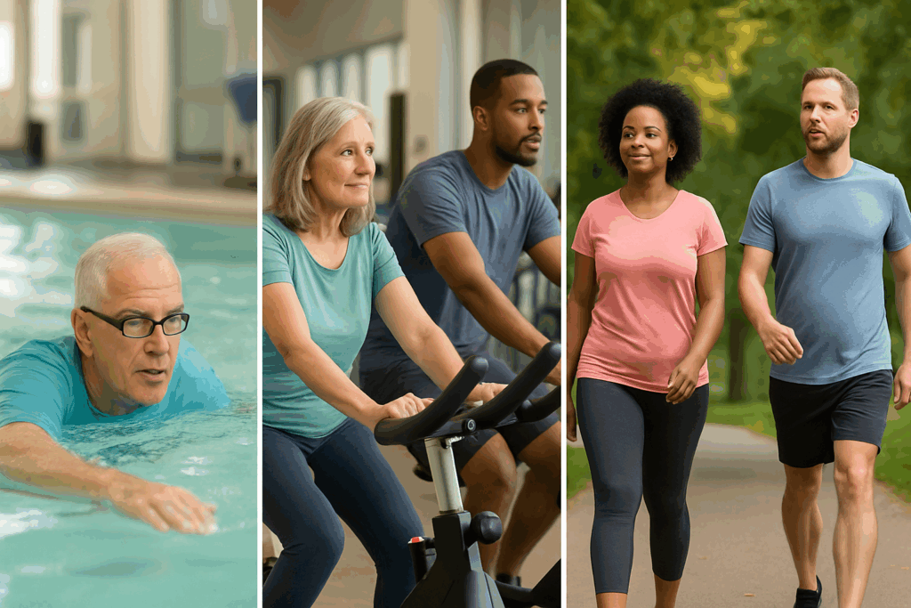 Diverse adults swimming, cycling, and walking briskly to reduce coronary risk factors through low-impact endurance exercises
