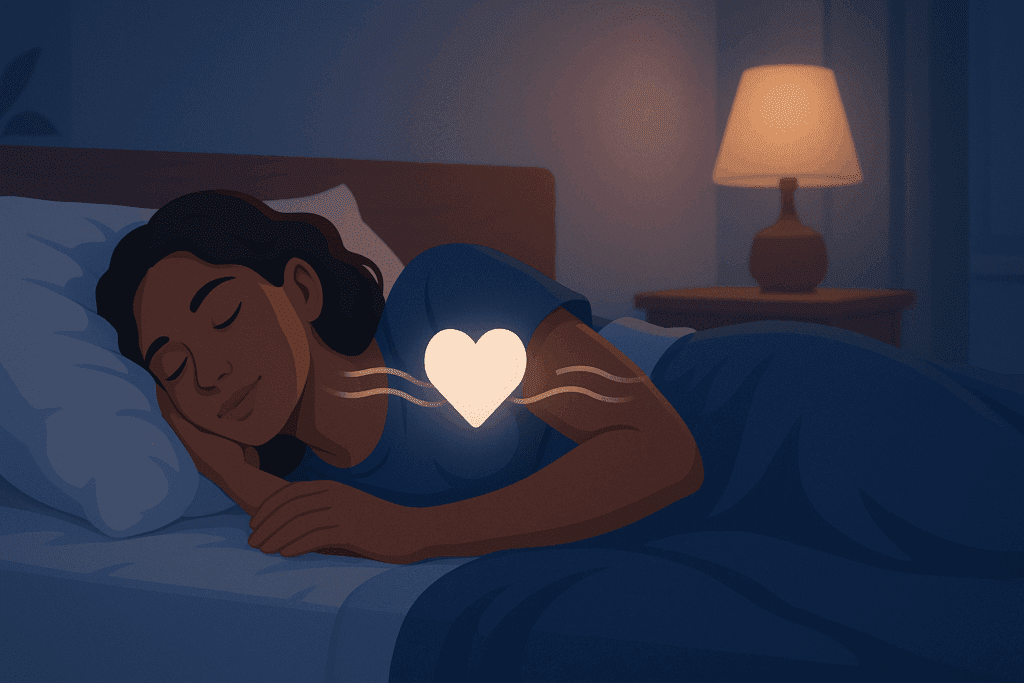 Woman sleeping peacefully in a dimly lit bedroom with a glowing heart icon, symbolizing sleep's impact on coronary risk factors