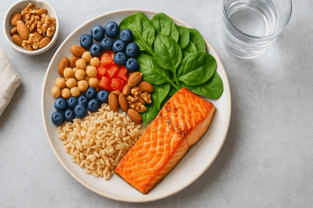 Well-balanced meal with grilled salmon, leafy greens, berries, legumes, and whole grains supporting heart health and reducing coronary risk factors