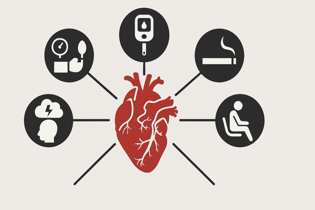 Infographic showing coronary risk factors like high blood pressure, diabetes, smoking, stress, and inactivity linked to a human heart.