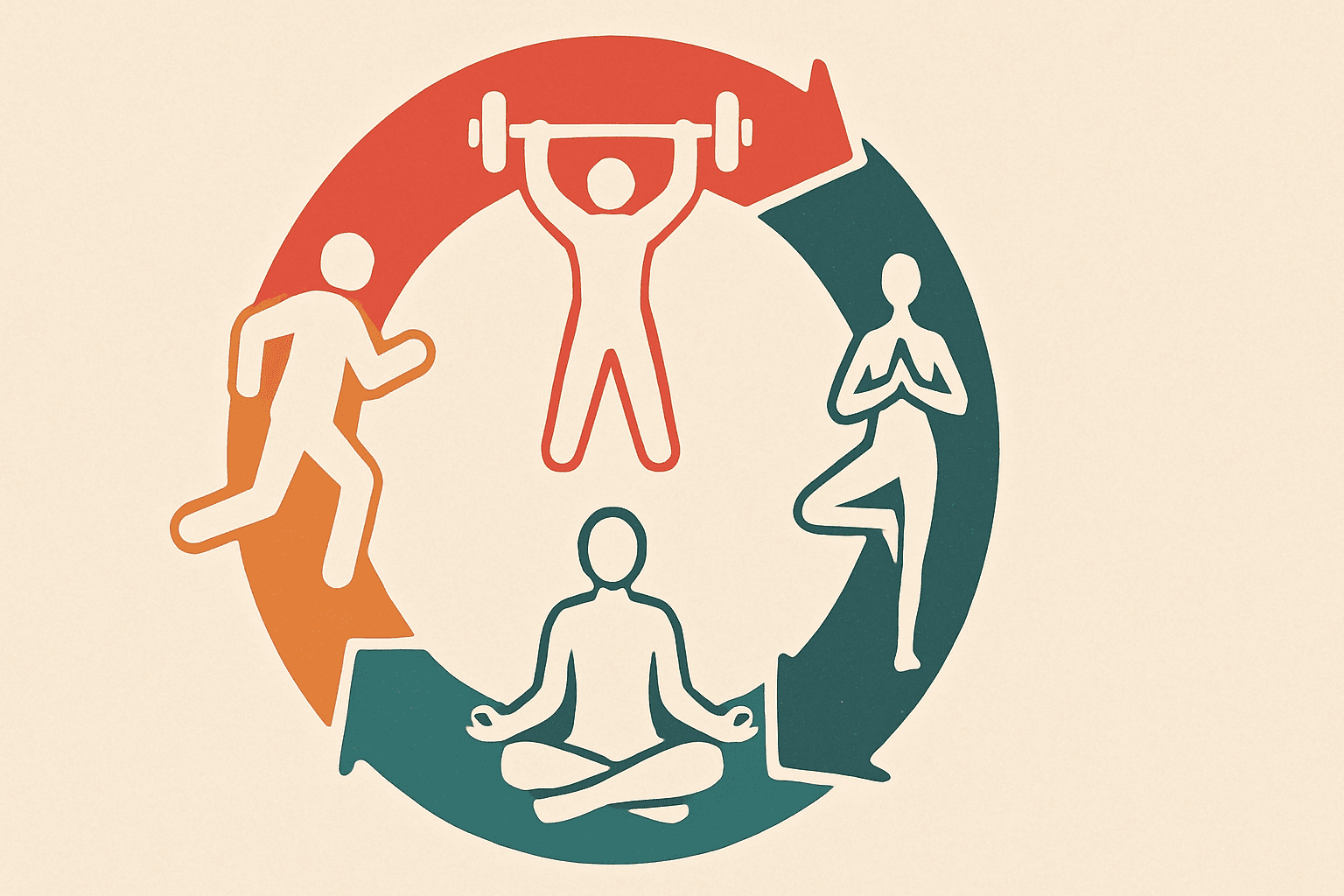 Circular illustration showing how to improve fitness naturally through running, weightlifting, yoga, and meditation in a holistic routine.
