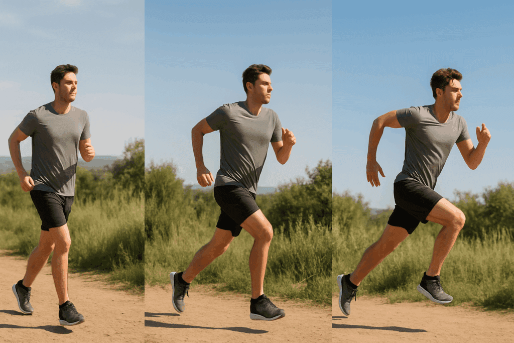 Man demonstrating how to improve fitness by progressing from jogging to sprinting on a sunlit trail