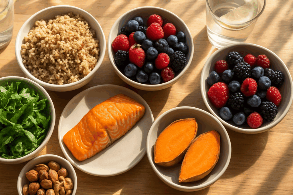 Colorful table of endurance-boosting foods like salmon, quinoa, leafy greens, berries, and sweet potatoes illustrating how to improve fitness