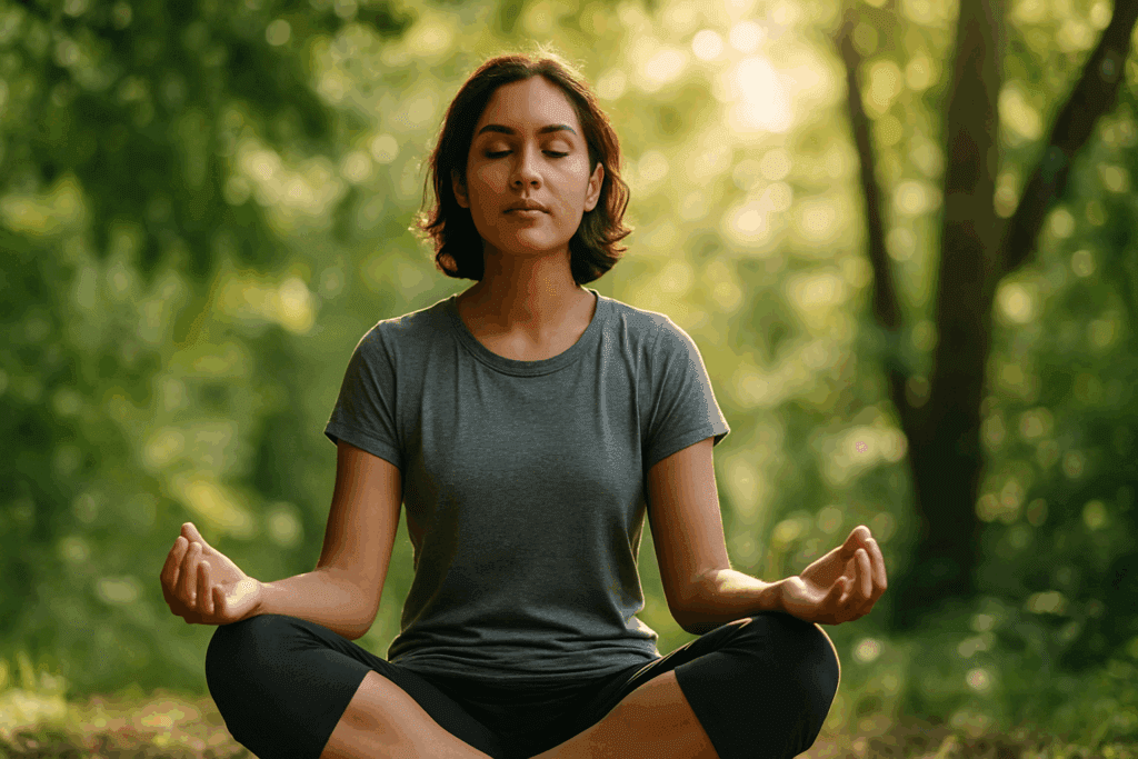 Person meditating cross-legged in a sunlit forest, practicing mindfulness and mental resilience as part of how to improve fitness