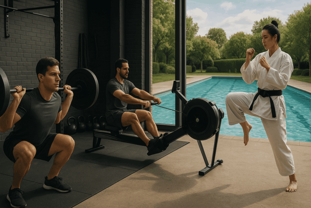 Individuals demonstrating how to improve fitness by doing squats, rowing, swimming, and martial arts in a hybrid indoor-outdoor gym.