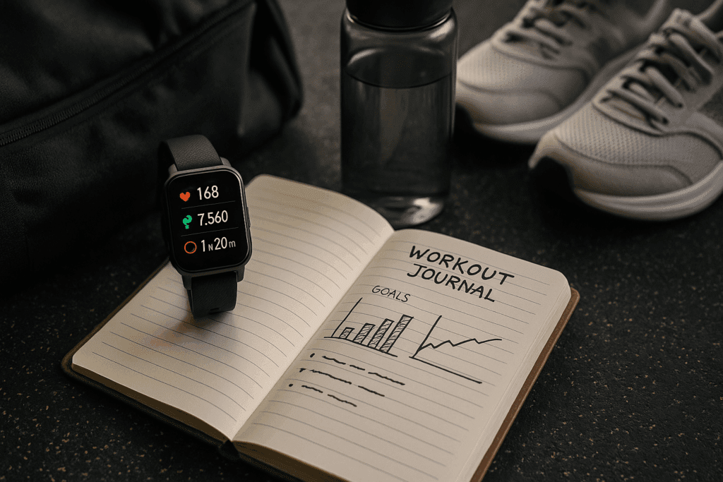 Smartwatch showing heart rate, steps, and recovery time beside a workout journal with goals, illustrating how to improve fitness.