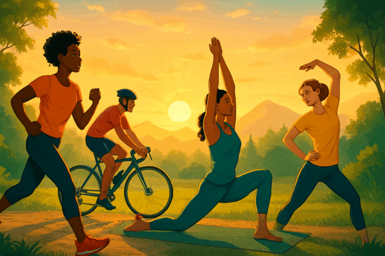 Diverse group of people running, cycling, doing yoga, and stretching at sunrise in a natural landscape, showing how to improve fitness.
