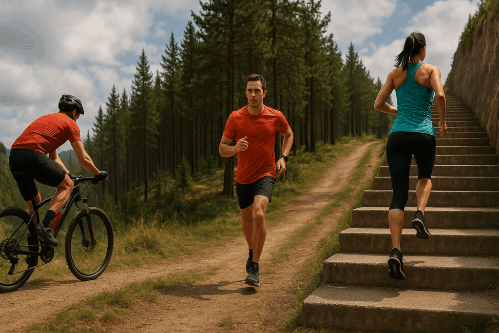 How to Increase Stamina and Endurance Naturally: Smart Training Tips and Nutrition Habits That Support Cardiovascular Fitness 4 Outdoor athletes cycling uphill, jogging a forest trail, and doing stair climbs to increase stamina and endurance naturally.