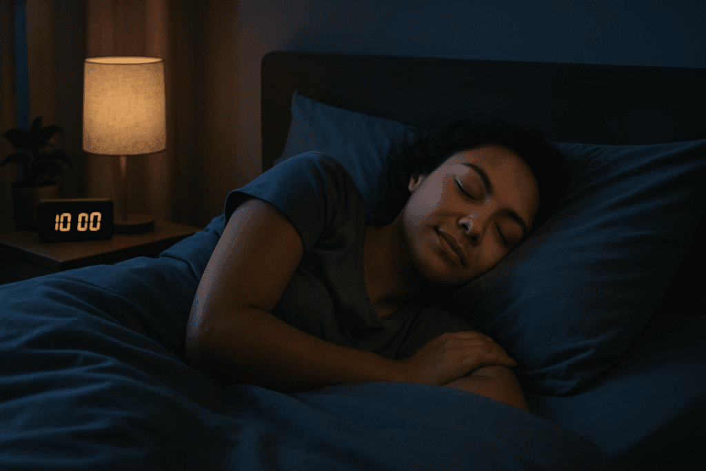 How to Increase Stamina and Endurance Naturally: Smart Training Tips and Nutrition Habits That Support Cardiovascular Fitness 6 Woman peacefully sleeping in a dark bedroom at 10 PM, promoting restful sleep to increase stamina and endurance naturally.