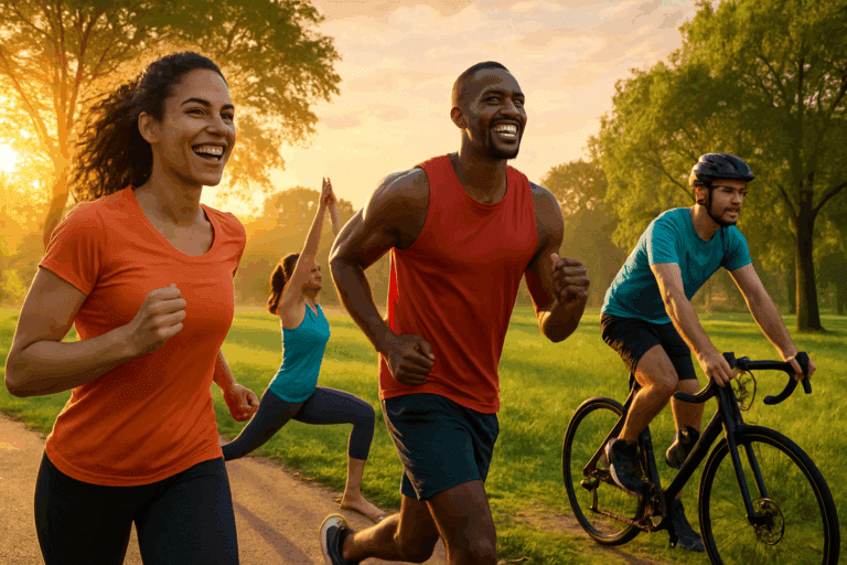 Men and women jogging, cycling, and doing yoga at sunrise in a lush park to increase stamina and endurance naturally.