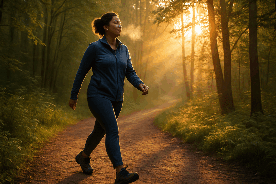 Confident woman walking briskly on a forest trail at sunrise, illustrating how to increase walking stamina naturally.