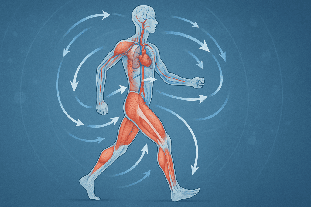 How to Increase Walking Stamina Safely: Expert Tips to Boost Endurance and Performance Naturally 1 Anatomical illustration of a person walking, showing muscle activation and oxygen flow to explain how to increase walking stamina