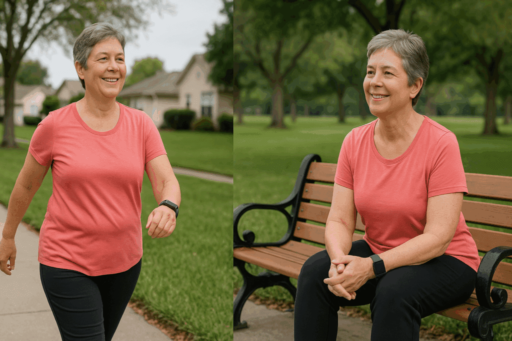 How to Increase Walking Stamina Safely: Expert Tips to Boost Endurance and Performance Naturally 2 Cheerful middle-aged woman using a fitness tracker while walking and resting in a park, demonstrating how to increase walking stamina.