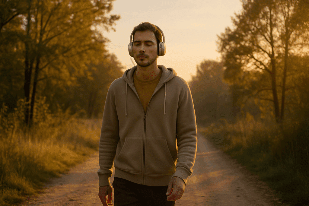 How to Increase Walking Stamina Safely: Expert Tips to Boost Endurance and Performance Naturally 5 Man walking through a forest path at sunrise with headphones on, practicing mindfulness—how to increase walking stamina naturally