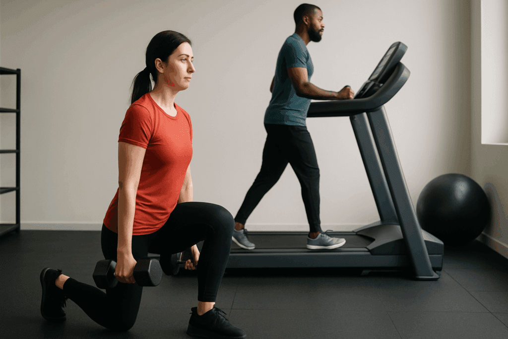 How to Increase Walking Stamina Safely: Expert Tips to Boost Endurance and Performance Naturally 6 Woman doing dumbbell lunges beside a man walking on a treadmill, demonstrating how to increase walking stamina through strength and cardio training.