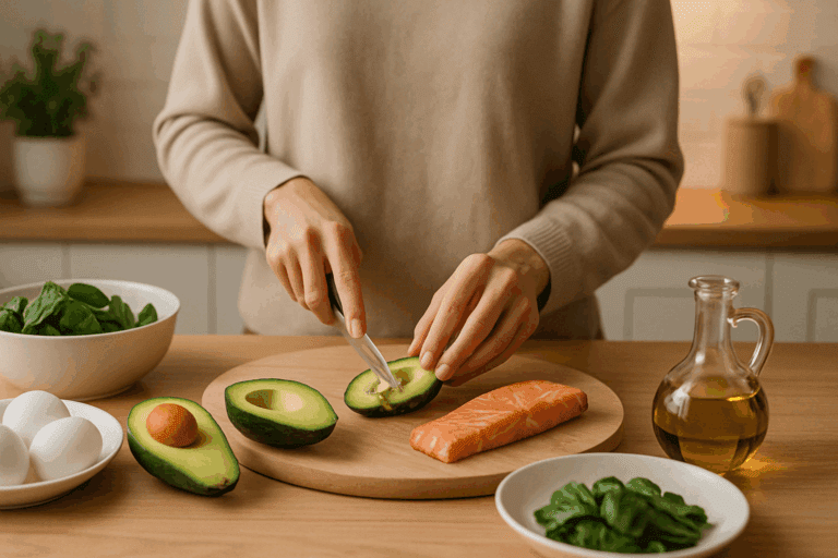 Person preparing a fresh keto meal with salmon, avocado, spinach, eggs, and olive oil to curb keto diet cravings in a modern kitchen.