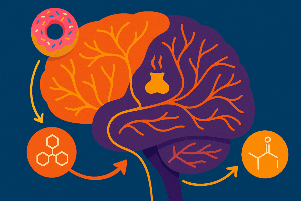 Colorful conceptual illustration of the brain showing energy transition from glucose to ketones with visual cues for keto diet cravings and neural adaptation.