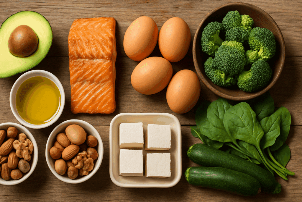 Flat-lay of keto macro foods including salmon, eggs, tofu, avocado, nuts, and vegetables to balance keto diet cravings.